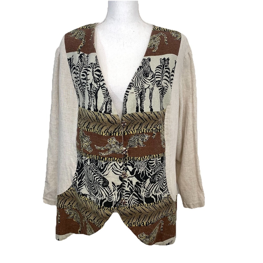 Vintage 90s Flax Blend  Blouse  Woman 2X African Zebra Lion Print Made USA  READ